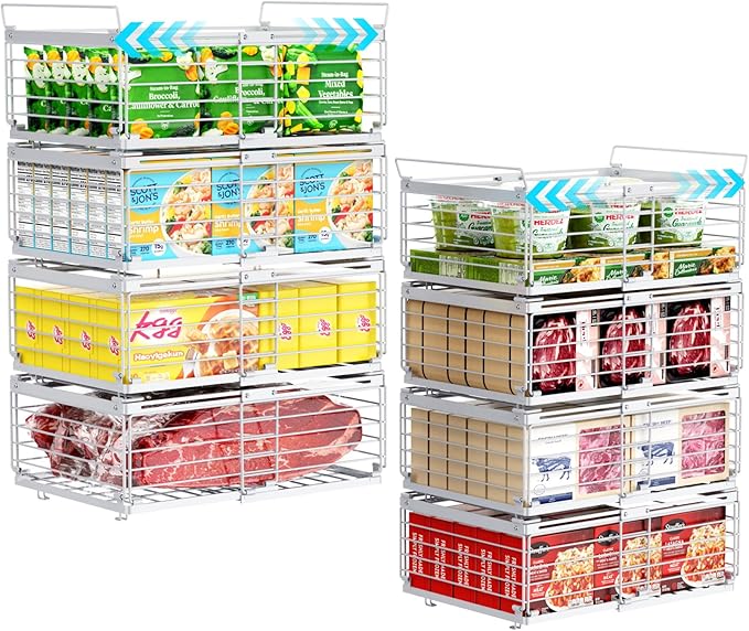 iSPECLE 8 Pack Freezer Organizer Bins, Adjustable Wire Baskets for 10 to 20 Cu.Ft Chest Freezer, Stackable Storage with Handles, Deep Freeze Organizer for Meat & Vegetables, White