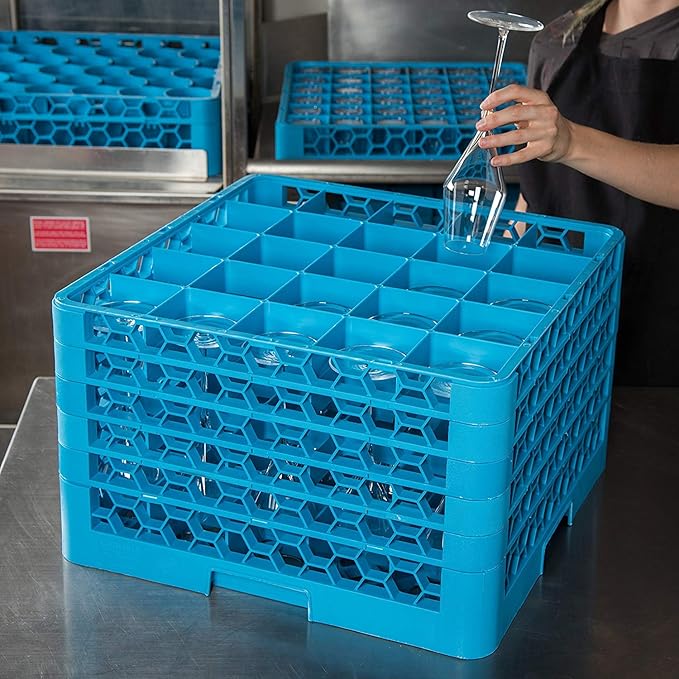CFS RG25-5C413 OptiClean 25 Compartment Glass Rack with 5 Extenders, 11.9", Polypropylene, green/CFS Blue
