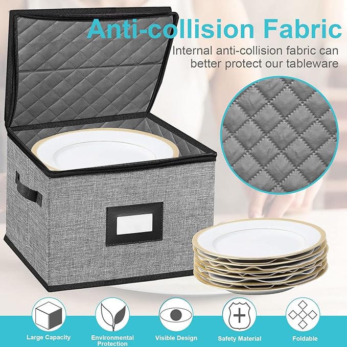 China Storage Containers-Quilted Dish Storage Containers with Lid Hard Shell for Moving Transport, Dinnerware Storage,Stackable Plate Storage,24 Felt Plate Dividers Included,2PACK 12*12*8in