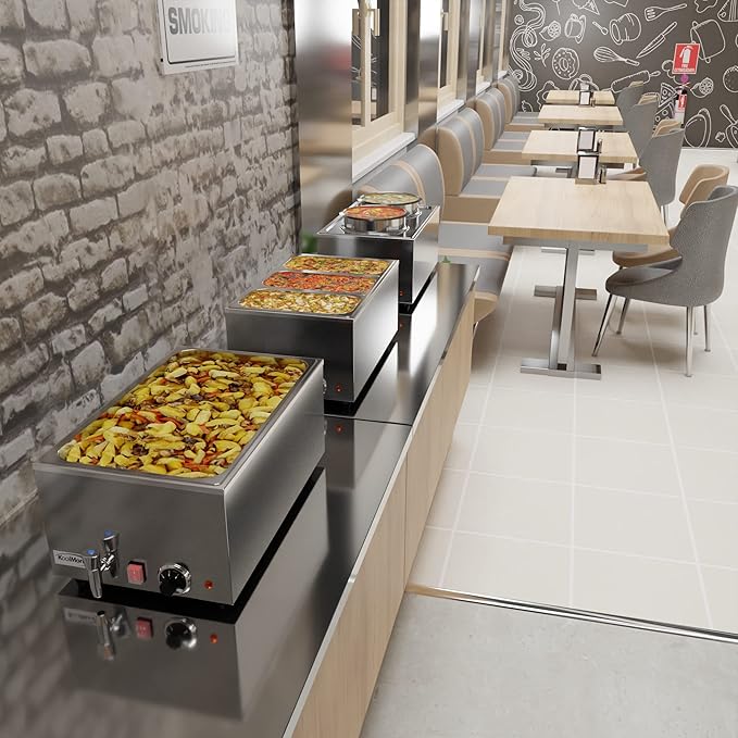 KoolMore Commercial Bain Marie Countertop Food Warmer, Soup Station, and Buffet Table Server with One Serving Section and Tap, Stainless-Steel Steamer with Auto Shut Off (CFW-1T), Silver