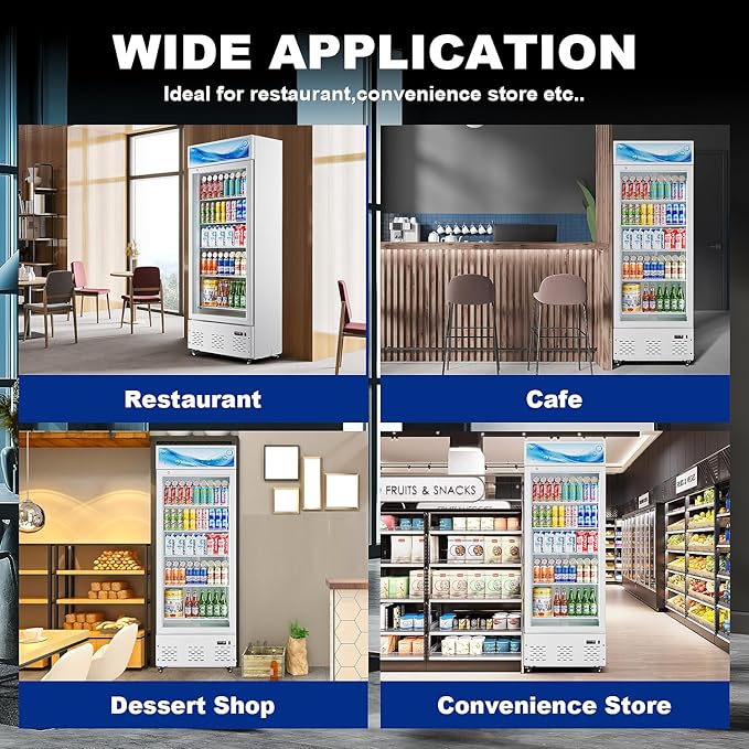 27”W Commercial Glass Door Display Refrigerator 15 Cu.ft White Cooler Beverage Bridge with LED Light and 5 Shelves for Cafe Restaurant Store Bar