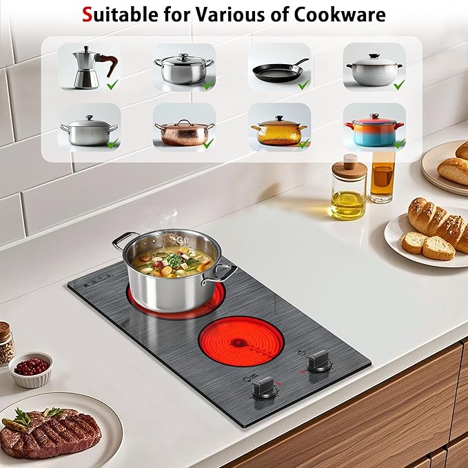 Karinear 2 Burners Electric Cooktop, 110v Electric Stove Top Knob Control, Built-in Countertop Ceramic Cooktop with Beautiful Woodgrain Pattern Glass Surface, 110v Outlet Plug