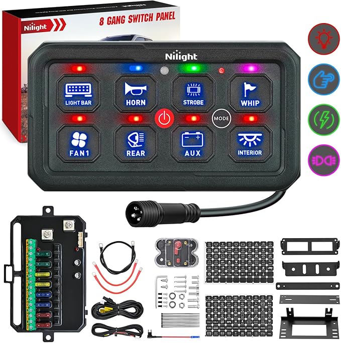 Nilight 8 Gang Switch Panel Blue Circuit Control Relay System with Fuse Wiring Harness Toggle Momentary Strobe Flash Modes Automatic Dimmable ON Off Pod 12V 24V for Car Truck Camper SUV