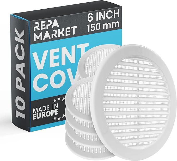 Repa Market 6 Inch (Opening) White Round Air Vent Cover - Pack of 10 Plastic Fresh Air Intake Vent - AC Cover with Nylon Mesh Screen - Wall, Ceiling HVAC Return Air Register - Modern Soffit Vents