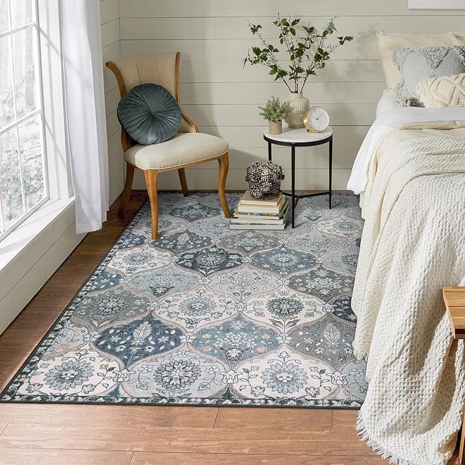Lahome Moroccan Trellis Washable Rugs, 3x5 Area Rug for Bedroom Living Room, Indoor Non-Slip Small Oriental Accent Throw Carpet for Kitchen Entryway Bathroom Office, Blue