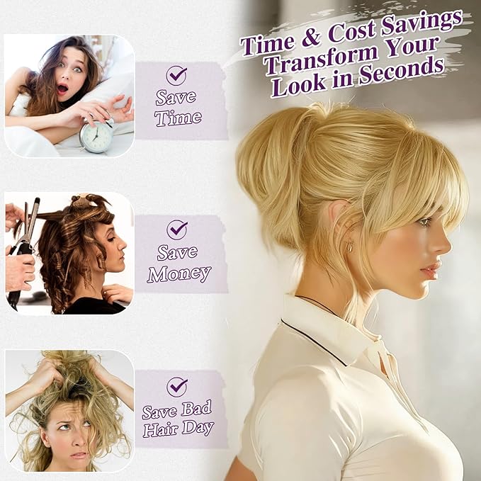 BARSDAR Claw Clip Short Human Hair Ponytail Extension with Bendable Metals - DIY Styles 8 Inch Real Human Hair Messy Bun Hairpieces for Women - Thick Natural Short Blonde Ponytail Daily Wear