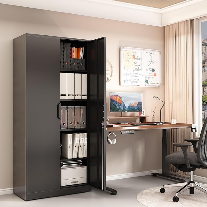 71" H Metal Garage Storage Cabinets, Locking Cabinet with Doors and Shelves, Kitchen Pantry Cabinet, Metal Storage Cabinet for Home/Office/Warehouse, Black