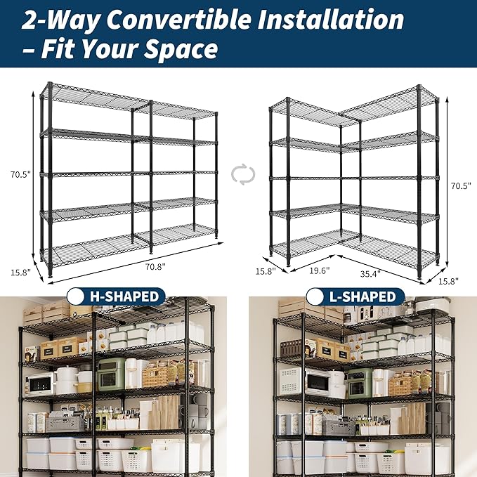 GarveeLife 70" H Storage Shelves L-Shaped 1325 LBS Heavy Duty Metal Shelving 5-Tier Wire Shelving for Corner Storage Rack Adjustable Pantry Shelf for Kitchen Pantry, 70.8" H x 70.5" W x 15.8" D