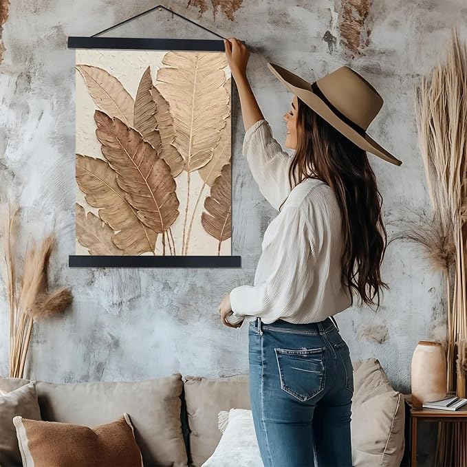 2 Pack Magnetic Poster Hanger Frame, 19x19 19x13 19x25 Light Wood Wooden Magnet Canvas Artwork Print Dowel Poster Hangers Frames Hanging Kit (Black, 19", 2 Packs)