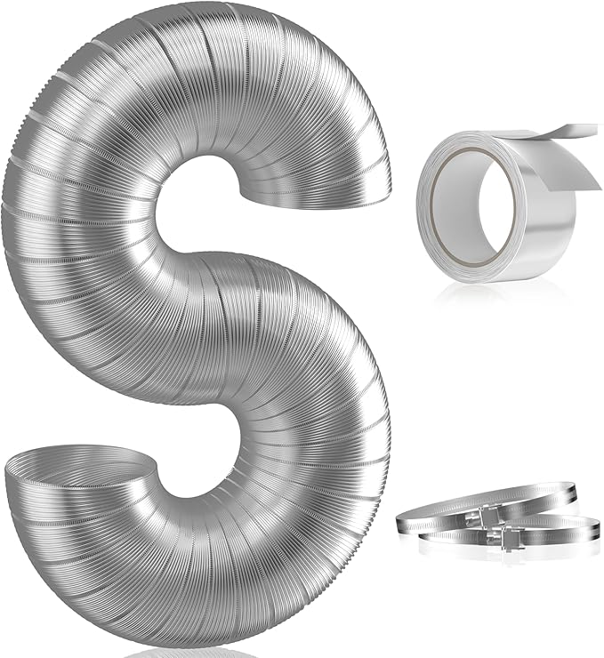 Hon&Guan 4-inch Semi Rigid Dryer Vent Hose, 8 Feet Flexible Aluminum Duct with 2 Clamps, and Aluminum Foil Tape