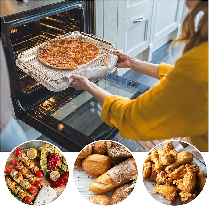 Air Fryer Basket for Oven 15 x 11 Inch Stainless Steel, Air Fryer Accessories Oven Rack and Crisper Tray, Bacon Cooker Broiler pan for oven, Bakeware Sets Oven Rack-2 Piece Large