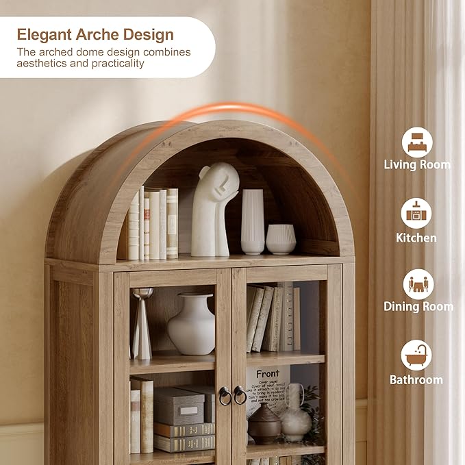 71'' Tall Arched Cabinet, Arched Kitchen Pantry Cabinet with Doors, Wood Arch Storage Cabinets Bookcase with 2 Large Drawers and Adjustable Shelves, Versatile Cupboard for Living Room, Natrual