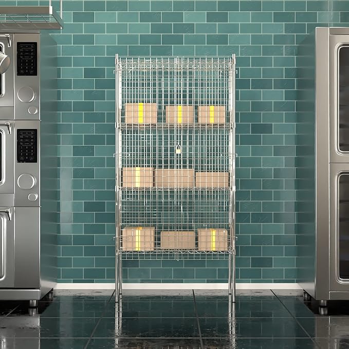 Commercial Grade NSF Listed Metal Wire Mesh Storage Chrome Security Cage Kit, 18" x 36" x 74", Perfect for Warehouse, Grocery Store, Restaurant, Dishroom