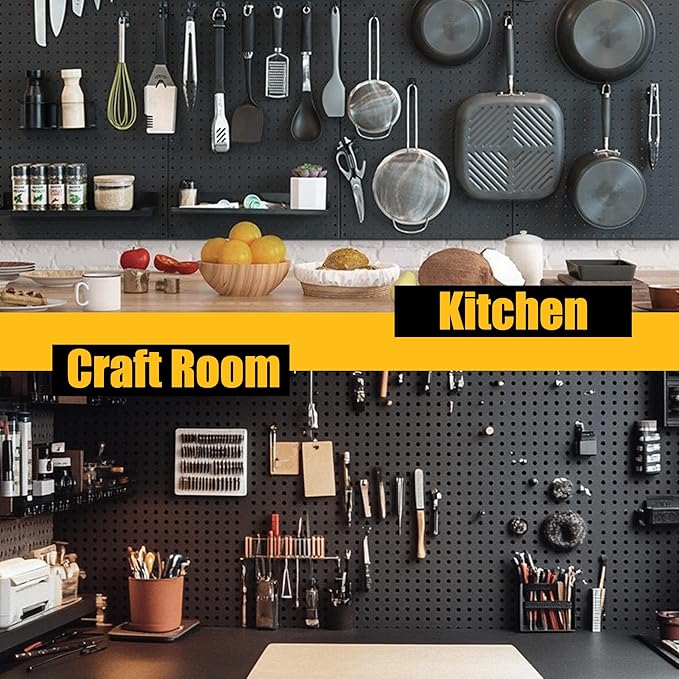 Peg Board, 4 Pack Metal Pegboard Panels with 50 Hooks, Black Pegboards Wall Organizer, Heavy Duty Peg Board for Walls Home, Garage Tool Storage, Office Organization, Craft Room, Kitchen