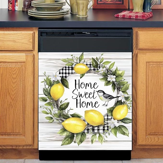 Home Sweet Home Lemon Wreath Dishwasher Magnet Cover,Pastoral Buffalo Check Magnetic Dishwasher Cover Vinyl Sticker,Wood Fridge Door Cover Magnets Art Skin Panel Decal,Home Decor Decal,23"X26"