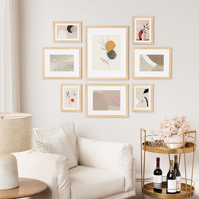 Vittanly 12x12 Picture Frame Set of 2, Solid Wood Frame for Wall Art Photo and Prints, Display Photo 8x8 with Mat or 12x12 without Mat, Natural
