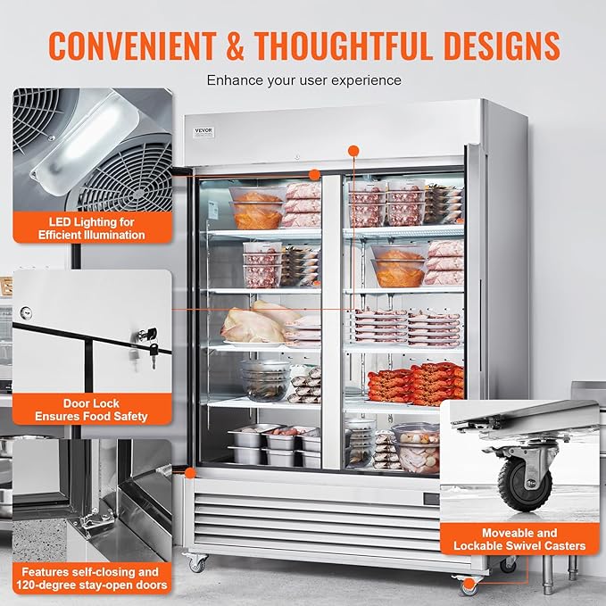 VEVOR Commercial Freezer 44.21 Cu.ft, Reach In 54.4" W Upright Freezer 2 Doors, Auto-Defrost Stainless Steel Reach-in Freezer with 8 Adjustable Shelves, -13 to 5℉ Temp Control, LED Lighting, 4 Wheels