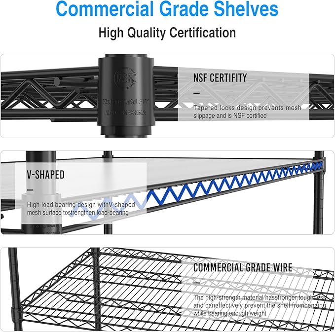5 Tier 7500lbs Capacity NSF Metal Shelf Wire Shelving Unit, Heavy Duty Adjustable Storage Rack with Wheels & Shelf Liners for Commercial Grade Utility Steel Storage Rack, Black - 82"H x 60"L x 24"D