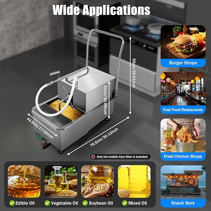 Mobile Fryer Filter Machine, 55 L /14.5 Gal Commercial Oil Filler Cart Truck Separator with Filter Papers, 550W Stainless Steel Cooking Oil Filtration System for Supermarket, Restaurant