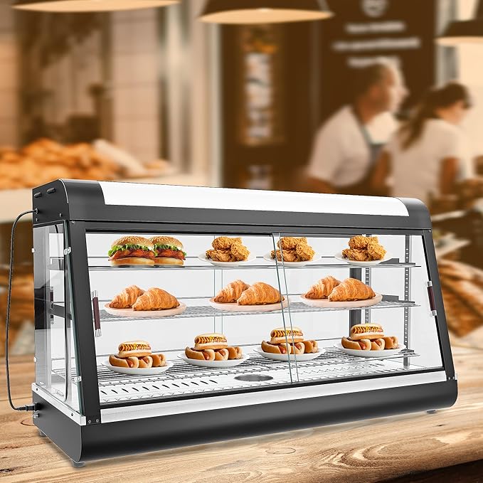 48 inch Food Warmer Display, Anpuce 3-Tier Food Warmer Countertop Display Pizza Pastry Warmer w/ 3D Heating with LED Lighting, Temper Glass Door, Pastry Display Case for Buffet Restaurant