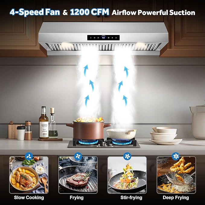 36 inch Range Hood Under Cabinet 1200 CFM with 4-Speed Gesture Sensing & Touch Control, Stainless Steel Kitchen Stove Vent Hoods with 2 LED Lights, Time Setting, Dishwasher-Safe Baffle Filters