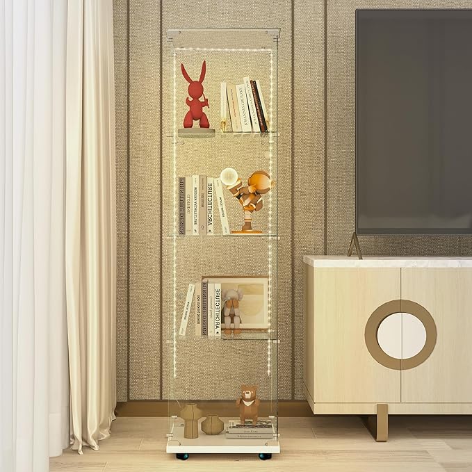 Yoluckea 4 Tiers Glass Display Cabinet with Bluetooth LED Light Strip, 1 Door Floor Standing Curio Cabinet with Universal Wheel for Home Office Display, White Glass Bookshelf for Collections,Clear Top