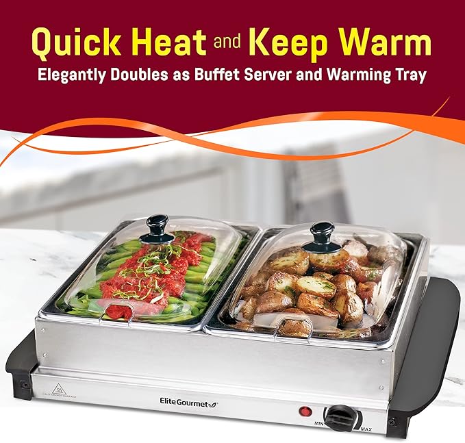Elite Gourmet EWM-6122# Dual 2 x 2.5 Qt. Trays, Buffet Server, Food Warmer Temperature Control, Clear Slotted Lids, Perfect for Parties, Entertaining & Holidays, 5 Qt Total, Stainless Steel