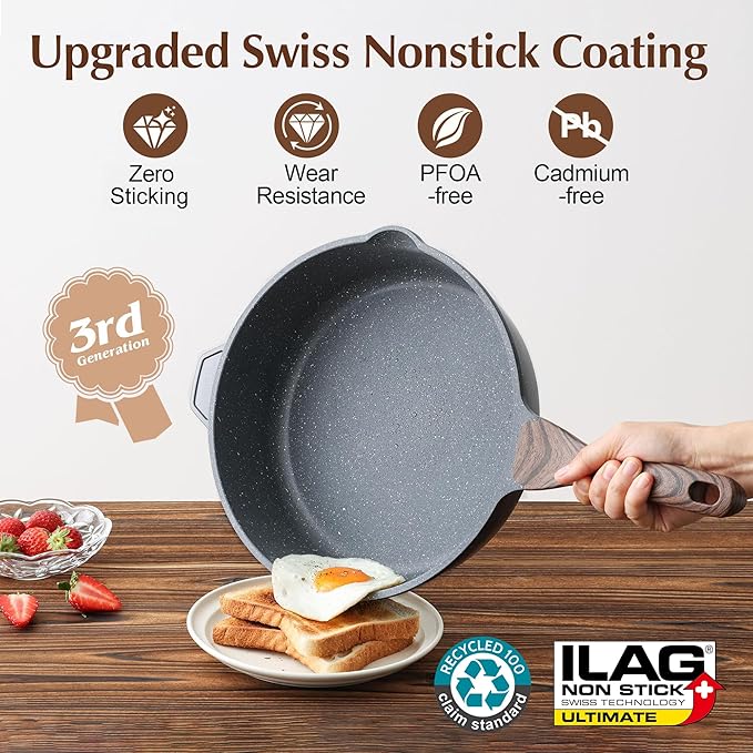 SENSARTE Nonstick Deep Frying Pan Skillet, 11-inch Saute Pan with Lid, Stay-cool Handle, Chef Pan Healthy Stone Cookware Cooking Pan, Induction Compatible