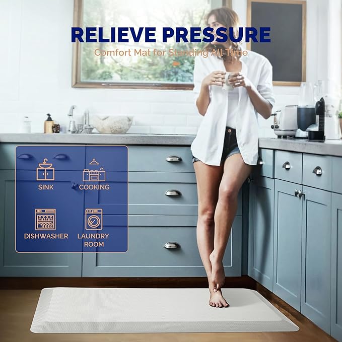 FEATOL Anti Fatigue Mats for Standing, 9/10 Extra Thick Ergonomic Standing Desk Mat, Comfort & Durable Memory Foam Standing Mat at Home,Office All Day (24" x 70", White, 2PC)