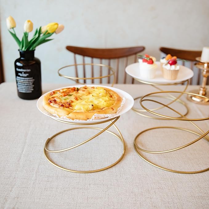 HPC DECOR Set of 4 Gold Yellow Metal Wire Pizza Pan Riser Stands- Round Pizza Tray Riser Rack - Tabletop Display Racks for Food Platter Tray- Metal Display Stands for Home, Restaurant and Party