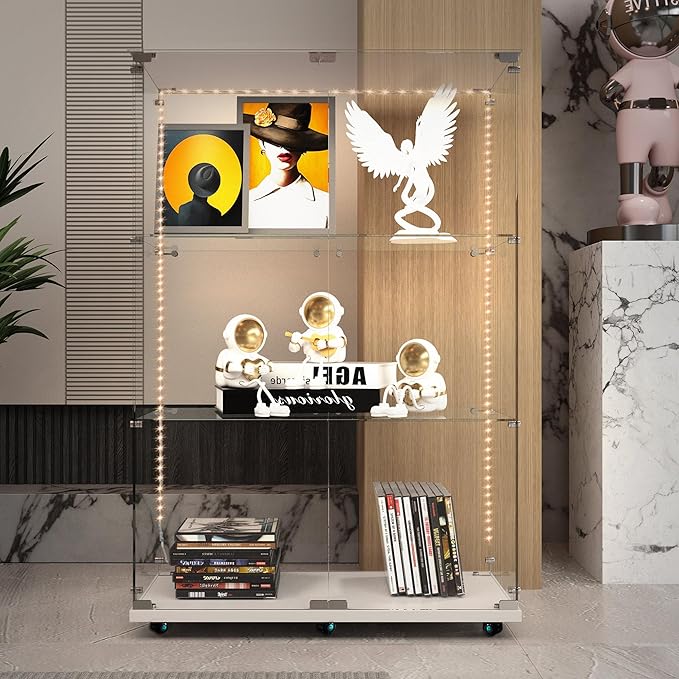 Glass Display Cabinet with LED Light Strip, 3 Shelves with 2 Doors, Glass Top Curio Storage Cabinets with Lock & Caster for Living Room,Floor Standing Bookshelf, Quick Installation - White