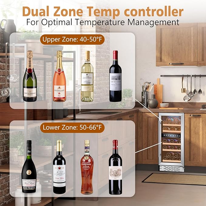 Phiestina 29 Bottles Wine Fridge, 15 Inch Dual Zone Wine Cooler Refrigerator Under Counter Cooling with Digital Memory, Auto Defrost Built-in/Freestanding