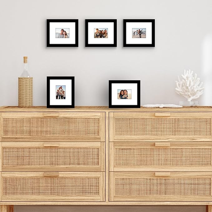 Americanflat 5.5x6.5 Picture Frame with Plexiglass - Set of 5 - Use as 2.5x3.5 Frame with Mat or Display 5.5x6.5 Photo Without Mat - Galleria Collection - Picture Frames for Tabletop or Wall - Black