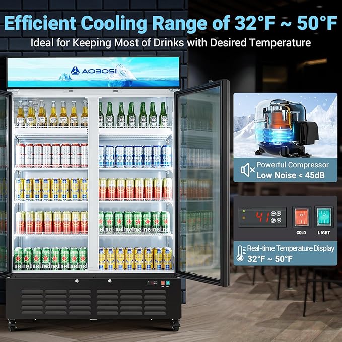 AAOBOSI 50" Wide Commercial Merchandiser Refrigerator,36.8 Cu.Ft Glass Door Display Refrigerator,Upright Beverage Fridge with Soft LED Light,Customizable Lightbox,Universal Casters, Adjustable Shelves