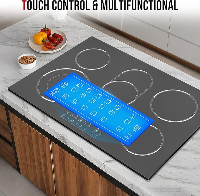 30 Inch Electric Cooktop 5 Burner, 8400W Built-in Electric Stove Top, 30" Ceramic Cooktop with Expanded Zone, Touch Control, Timer, Pause Control, Safety Lock, 220-240V, Hard Wire, No Plug