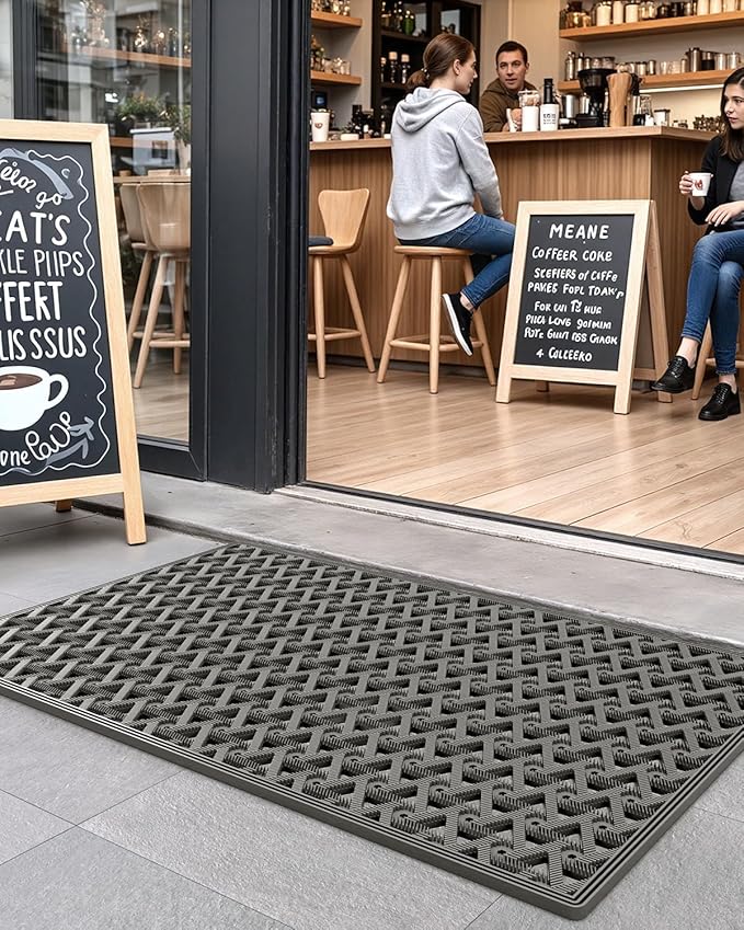 DEXI Front Door Mat Outside Entrance Rubber 32x48, Welcome Floor Doormat Heavy Duty Non Slip, Dirt Trapper Waterproof Exterior Entry Mats All Weather for Patio Entryway Drainage, Grey