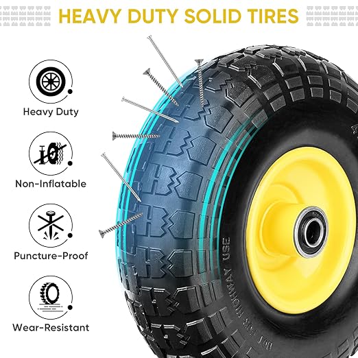 TICONN 10" Solid Tires, 4 Pack Flat Free 4.10/3.50-4'' Wheels with 5/8” Axle Bore Hole and Double Sealed Bearings (Yellow, 4PK)
