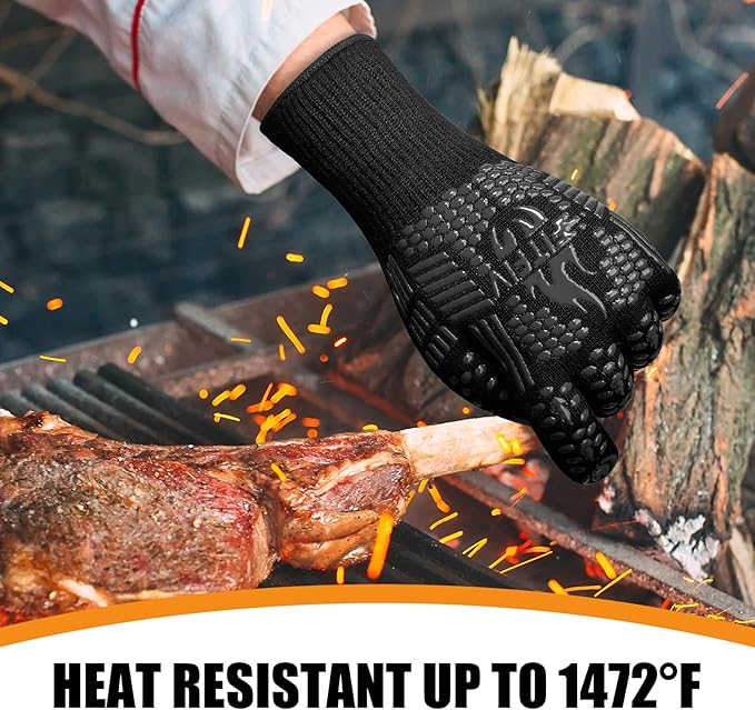BBQ Gloves, Oven Gloves, 1472°F Extreme Heat Resistant Barbecue Gloves, Silicone Non-Slip Oven Mitts, Kitchen for Cooking, Grilling, and Baking (Black)