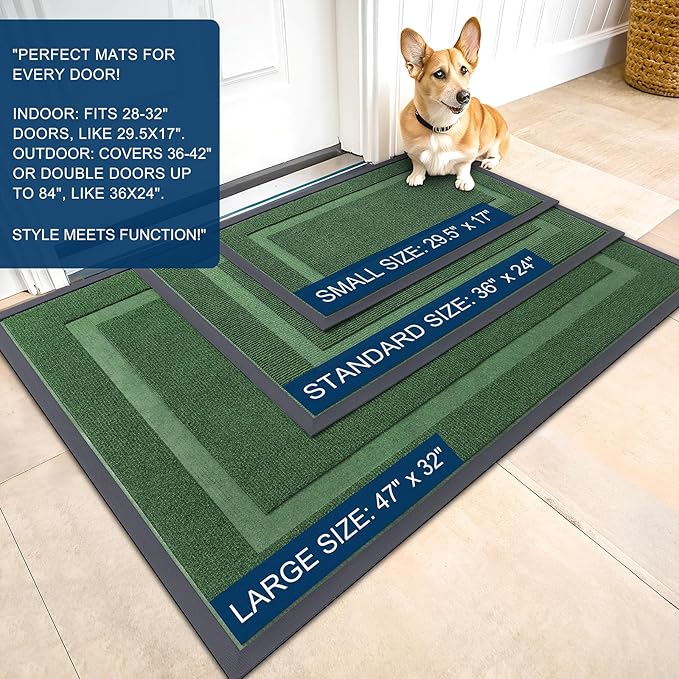 OLANLY Front Door Mat Indoor Outdoor Entrance, Waterproof All-Season, All-Weather Doormat, Sturdy Natural Rubber, Fade Resistant, Low Profile, Easy Clean Patio Porch Entryway Mat, 36x24, Green