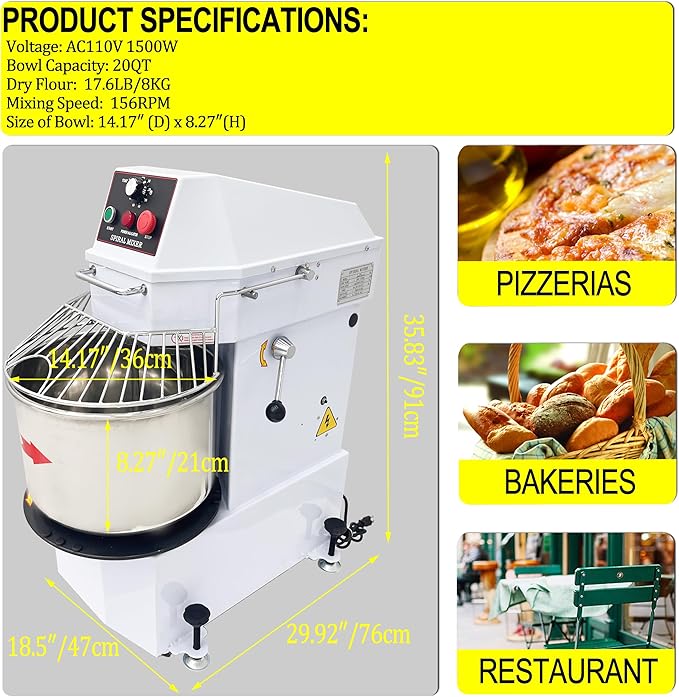 TECHTONGDA 20L Commercial Dough Mixer 110V Dual Rotating Dough Kneading Machine, Electric Food Mixer Machine with Detachable Stainless Steel Bowl and Safety Shield, for Restaurant Pizzeria
