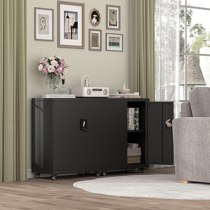 Metal Storage Cabinet,Lockable Garage Storage Cabinets with Wheels,Rolling Tool Cabinet with Doors and Shelves,Basement,Office,Black