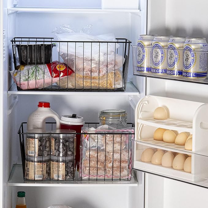 Freezer Organizer Bins - 3 Pack Stand Up Freezer Baskets for 16，17，21 cu.ft Upright Freezer, Wire Storage Baskets with Built-in Handles, Easy to Access Frozen Food Allow Air Circulation, Black