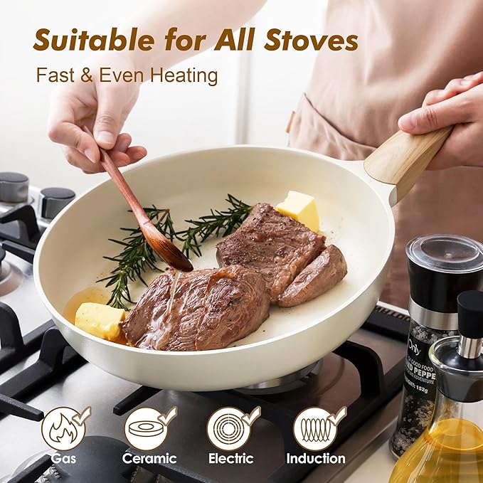 SENSARTE Ceramic Nonstick Frying Pan Skillet 9.5Inch Non Stick Omelette Pans, Non-toxic Healthy Kitchen Cooking Chef's Pan, Free of Intentionally Added PFOA/PFAS/PTFE, Induction Compatible, White
