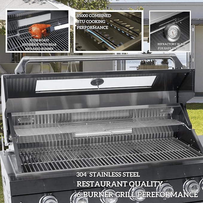 96-Inch 6-Burner 85000 BTU Propane Gas Outdoor Kitchen Island Grill with Wine Cooler, Rotisserie & Granite Countertops – Combining a spacious grilling area with versatility, Silver
