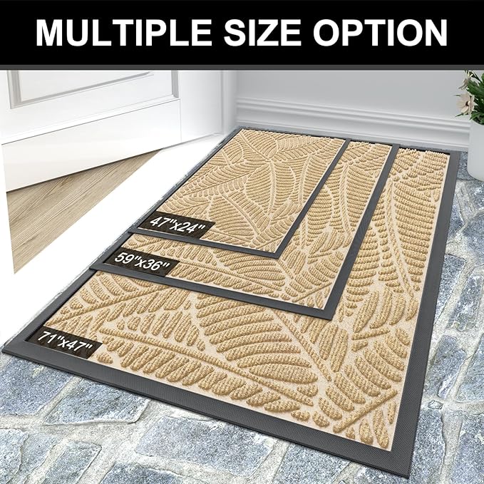 Colorxy Waterproof Doormat, Sturdy Natural Rubber Front Indoor Mat, Non Slip Low Profile Indoor Outdoor Door Mats, Stain and Fade Resistant Floor Mat, Easy Clean Patio Entrance Mat, 48''x32'', Beige