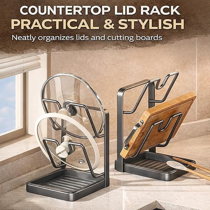 Kitchen Pot Lid Storage Rack, Heat-Resistant Pot Lid Holder While Cooking with Tray, Multifunctional Pot Lid Holder Organizer Rack, Lid and Spoon Rest for Countertop, Stove Top (Double-layer Gray)
