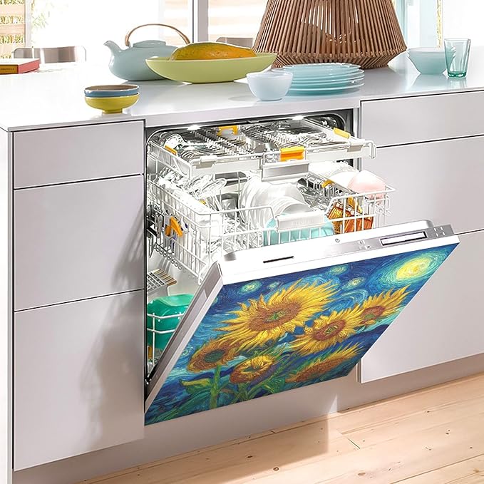 Starry Sunflowers Blue Dishwasher Magnet Cover Front Door Magnetic Dishwasher Cover Decorative Refrigerator Magnet Covers Dishwashers Magnetic Sticker for Home Kitchen Decor, 23" x 26"