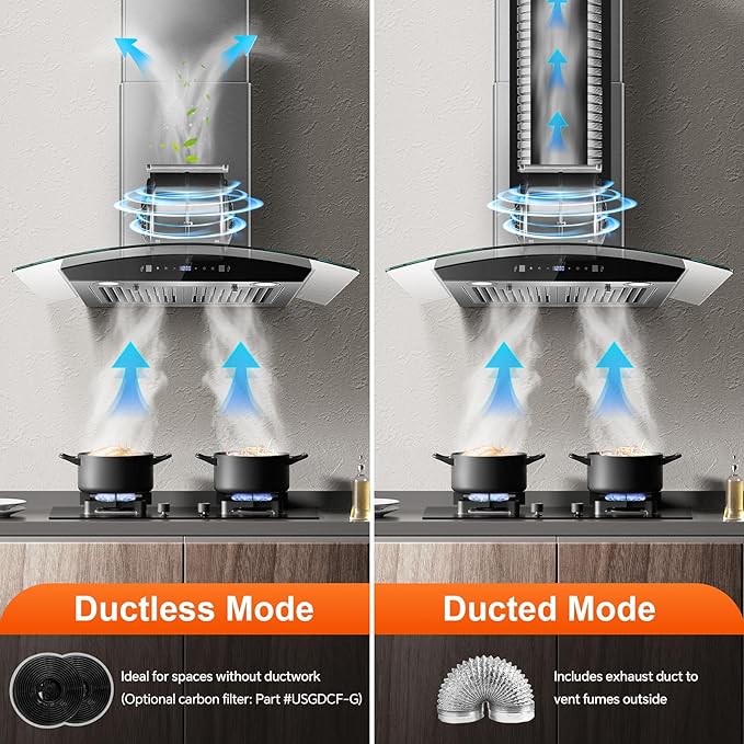 Range Hood 30 Inch, Tieasy Wall Mount Kitchen Hood with Ducted/Ductless Convertible Duct, Stainless Steel Chimney and Baffle Filters, Touch Control Fan Timer, LED Lights, 3 Speed Fan