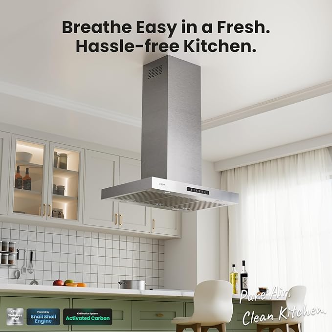 Island Range Hood 36 Inch, 980 CFM Island Mount Range Hood with Dual-Sided Touch/Gesture Control, Ceiling Mount kitchen Hood, Convertible Ducted/Ductless, 3-Speed Fan&4 LED Lights, 3 Baffle Filters