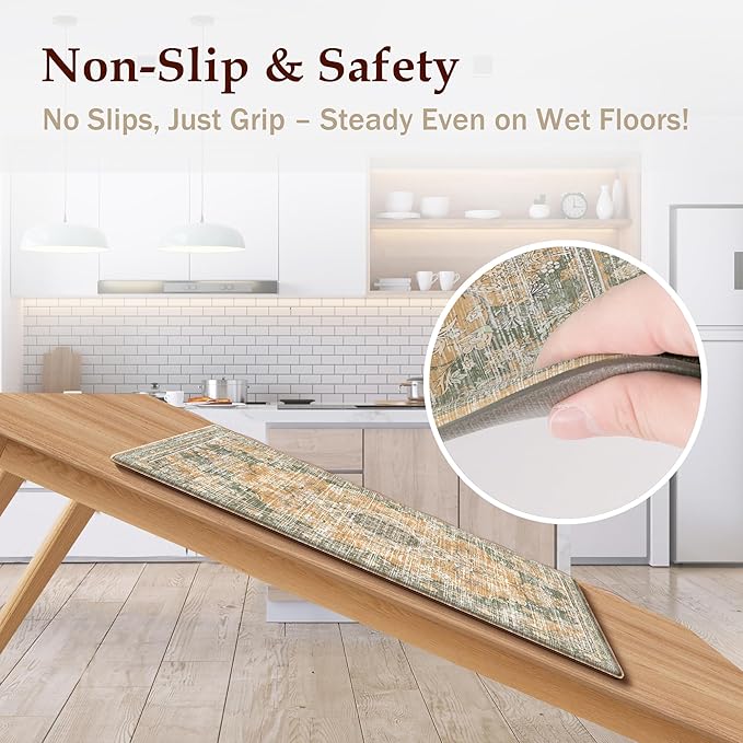 Boho Kitchen Mats for Floor 2 Piece Set Anti Fatigue Cushioned PVC Kitchen Rugs Non Slip Waterproof Farmhouse Mats 2/5 Inch Comfort Standing Mat for Sink, Laundry, 17.3"x59"+17.3"x28", Green Orange